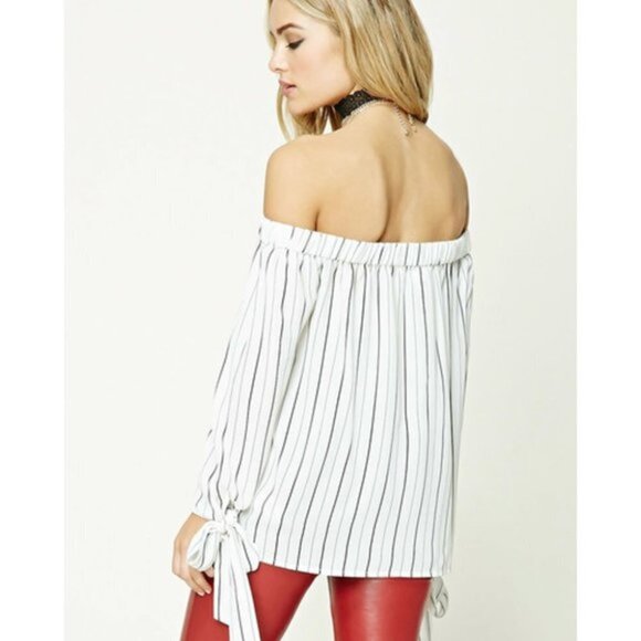 Forever 21 Blouse Womens Stripe Off Shoulder white - Picture 4 of 7